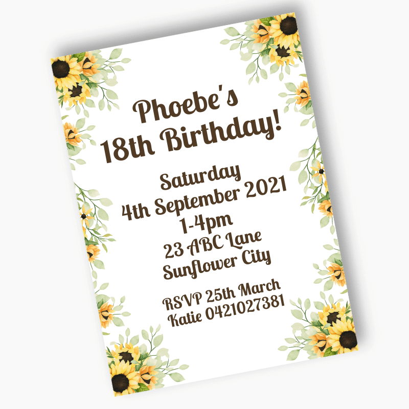 Personalised Sunflower Birthday Party Invites