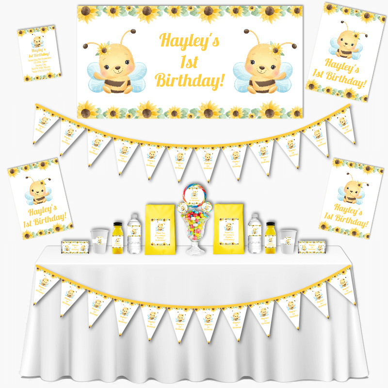 Personalised Sunflower &amp; Honey Bee Grand Birthday Party Pack - White
