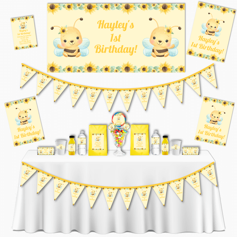Personalised Sunflower &amp; Honey Bee Grand Birthday Party Pack - Yellow
