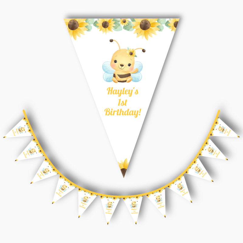 Personalised Sunflower &amp; Honey Bee Party Flag Bunting - White