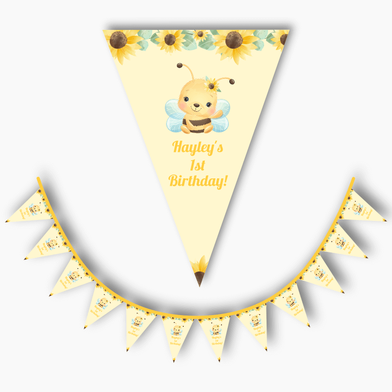 Personalised Sunflower &amp; Honey Bee Party Flag Bunting - Yellow