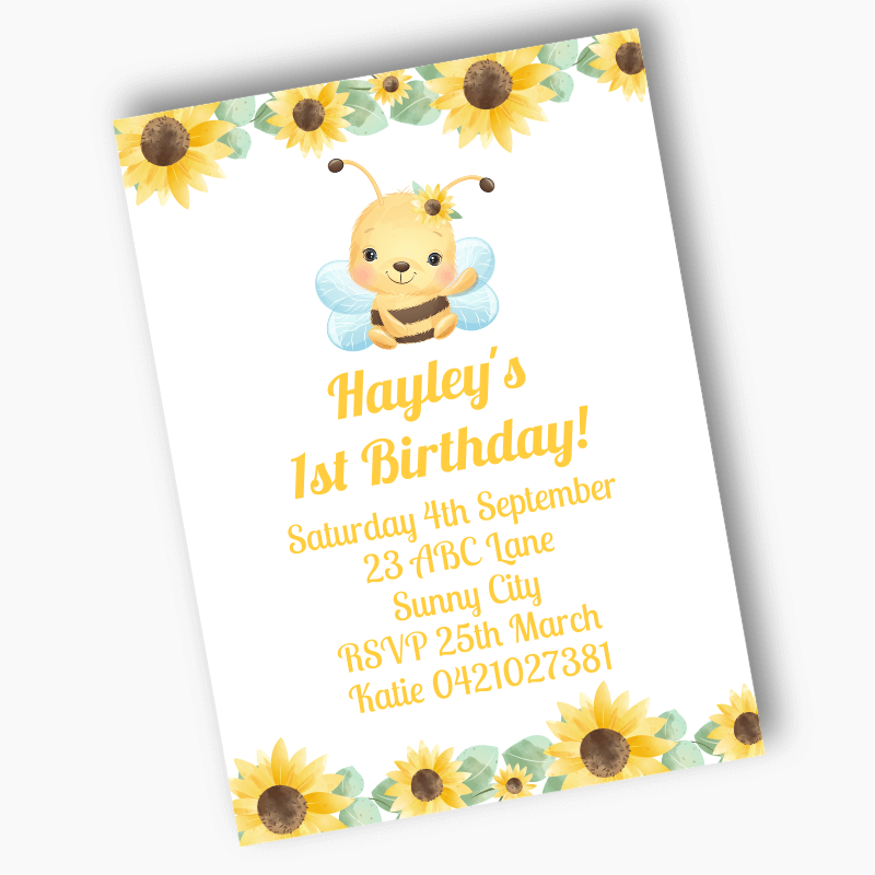 Personalised Sunflower & Honey Bee Party Invites - White