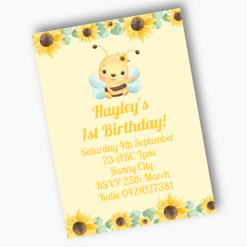 Personalised Sunflower & Honey Bee Party Invites - White