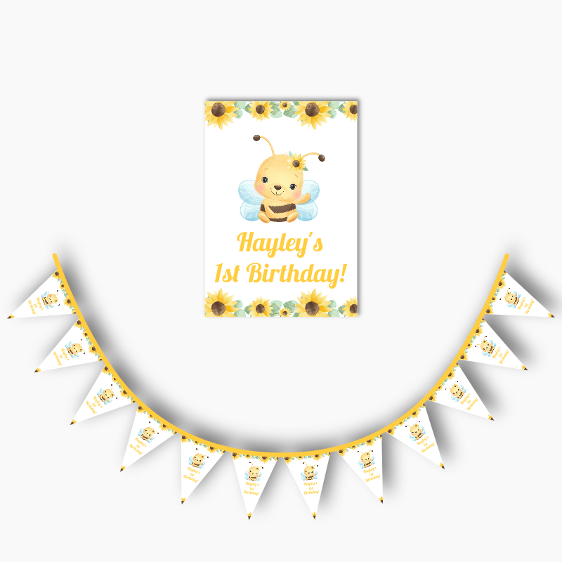 Personalised Sunflower &amp; Honey Bee Party Poster &amp; Flag Bunting Combo - White