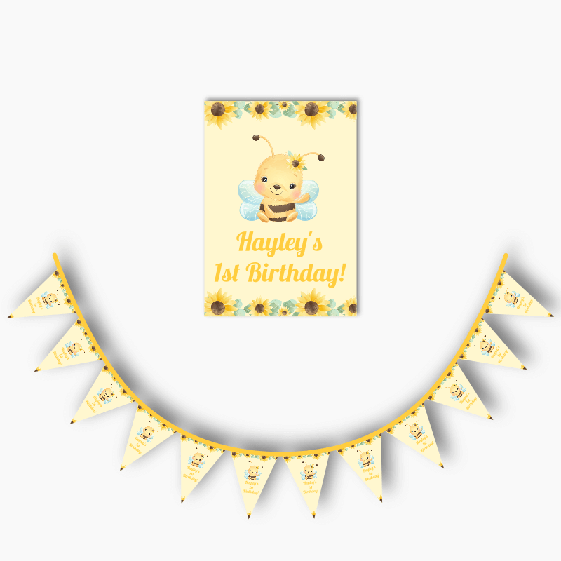 Personalised Sunflower &amp; Honey Bee Party Poster &amp; Flag Bunting Combo - Yellow
