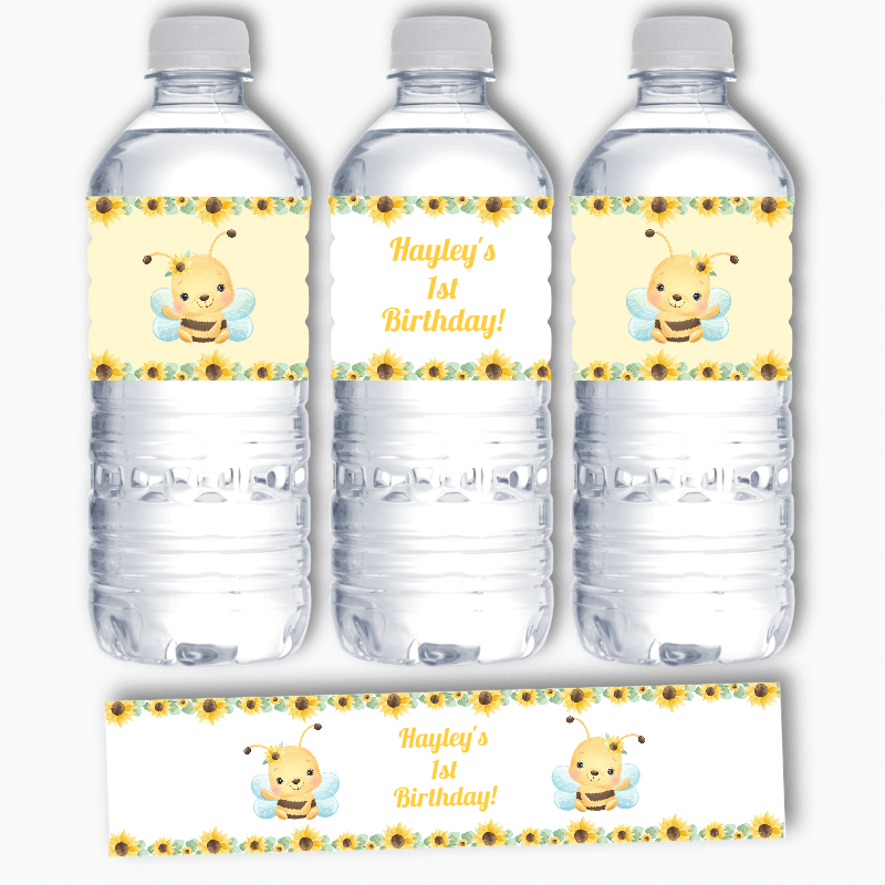 Personalised Sunflower &amp; Honey Bee Party Water Bottle Labels
