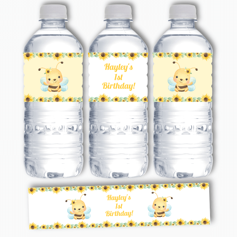 Personalised Sunflower & Honey Bee Party Water Bottle Labels