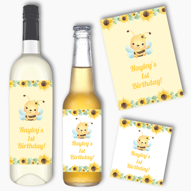 Personalised Sunflower & Honey Bee Wine & Beer Labels