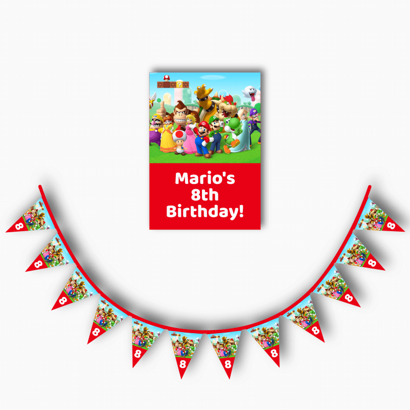 Personalised Super Mario Birthday Party Poster &amp; Flag Bunting Combo