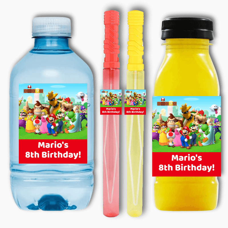 Personalised Super Mario Birthday Party Juice &amp; Bubble Wand Stickers