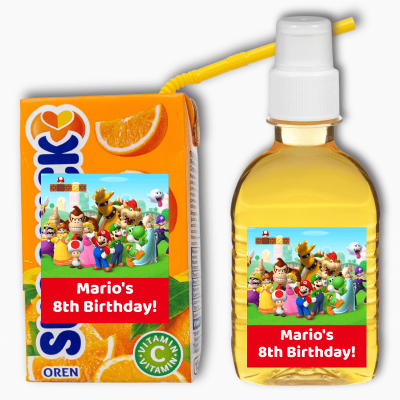 Personalised Super Mario Birthday Party Juice & Bubble Wand Stickers
