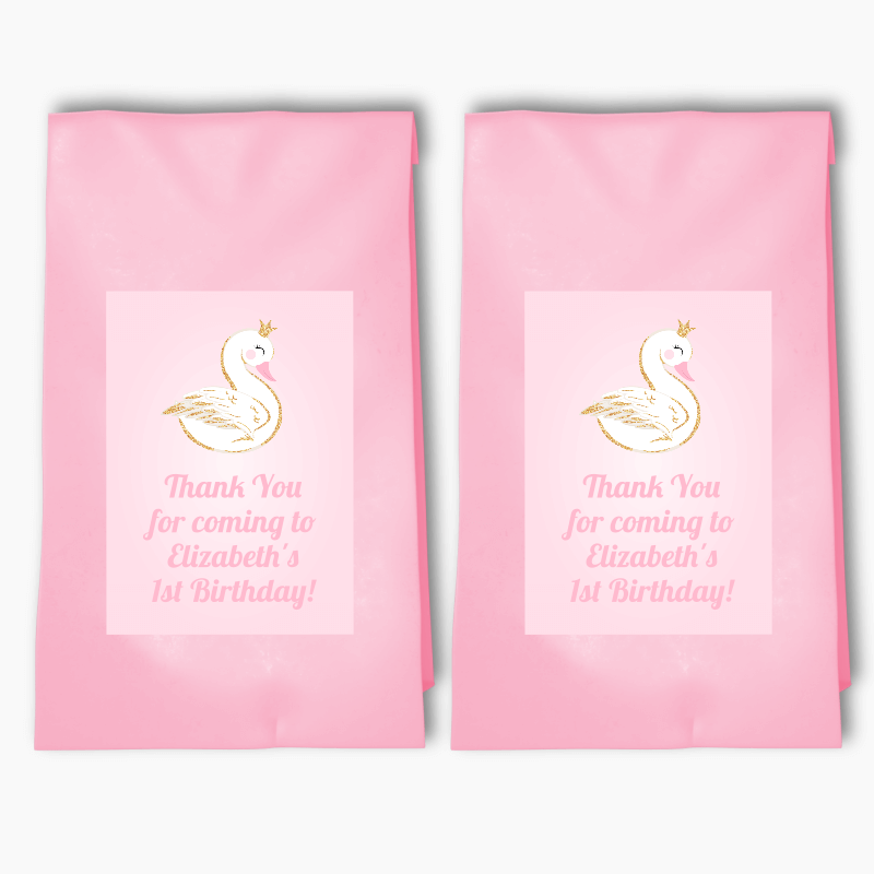 Personalised Pink &amp; Gold Swan Party Bags &amp; Labels