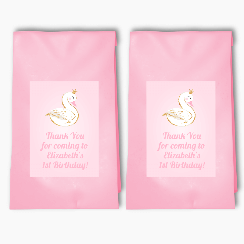 Personalised Pink & Gold Swan Party Bags & Labels