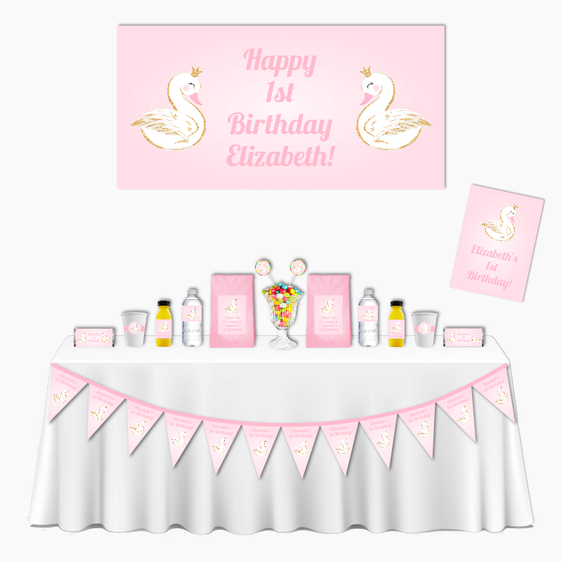 Personalised Pink &amp; Gold Swan Deluxe Birthday Party Pack