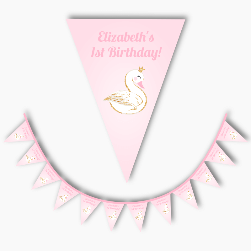 Personalised Pink &amp; Gold Swan Party Flag Bunting