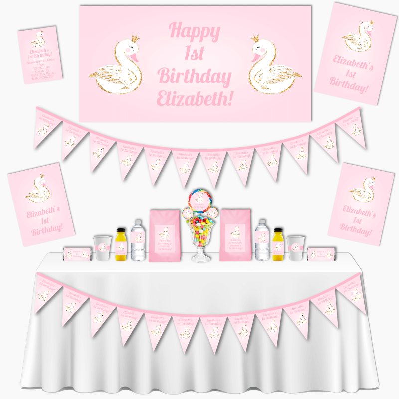 Personalised Pink &amp; Gold Swan Grand Birthday Party Pack