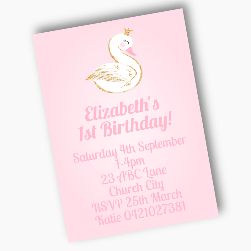 Personalised Pink &amp; Gold Swan Party Invites