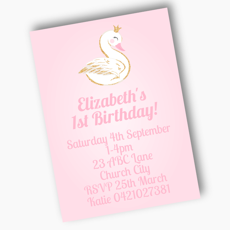 Personalised Pink & Gold Swan Party Invites