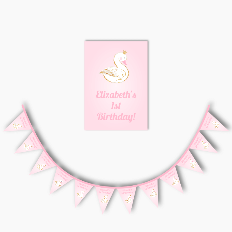 Personalised Pink &amp; Gold Swan Party Poster &amp; Flag Bunting Combo