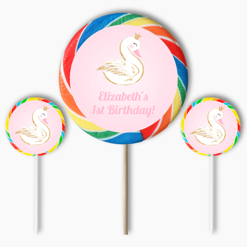 Personalised Pink &amp; Gold Swan Party Round Lollipop Stickers