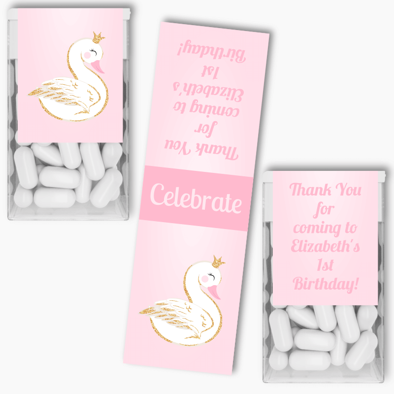 Personalised Pink & Gold Swan Party Tic Tac Labels