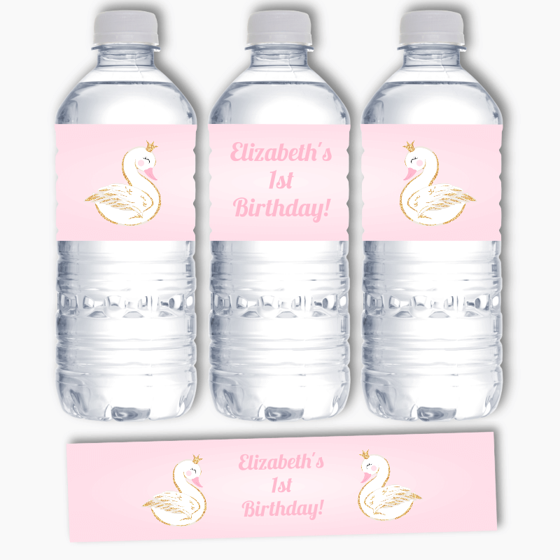 Personalised Pink &amp; Gold Swan Party Water Bottle Labels