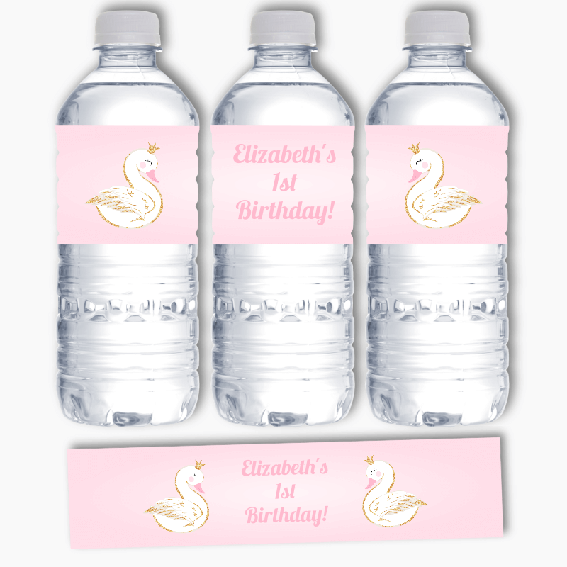 Personalised Pink & Gold Swan Party Water Bottle Labels