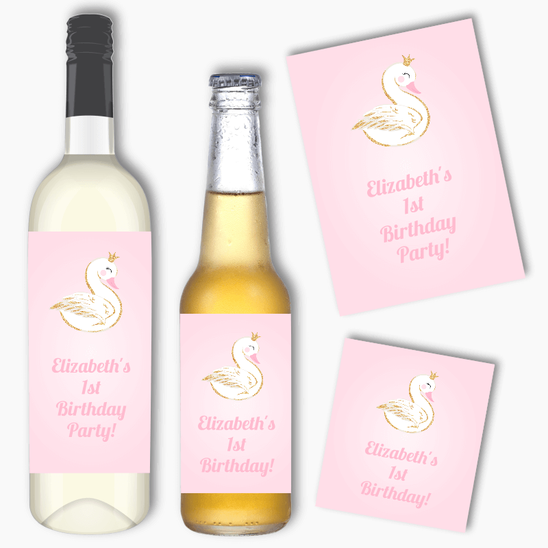 Personalised Pink & Gold Swan Wine & Beer Labels