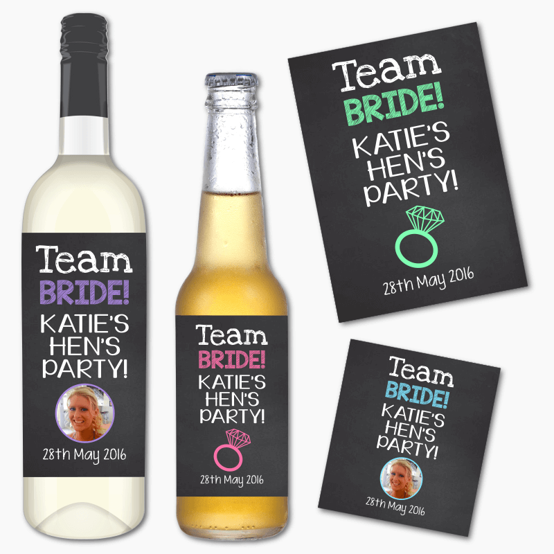 Personalised 'Team Bride' Hens Party Wine & Beer Labels