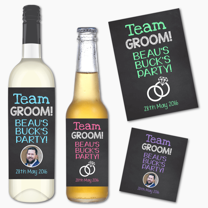 Personalised &#39;Team Groom&#39; Bucks Party Wine &amp; Beer Labels