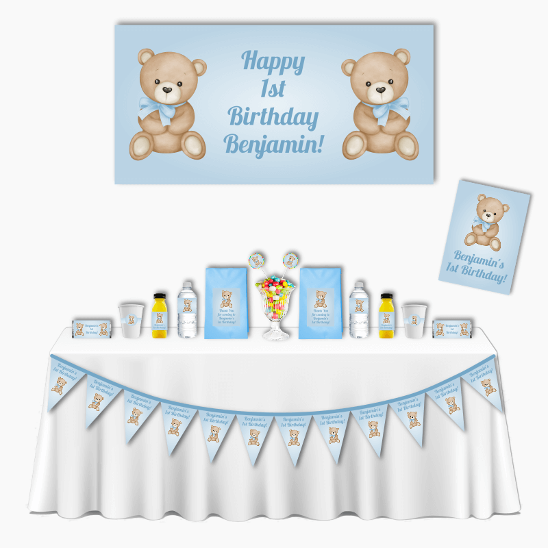 Personalised Blue Teddy Bear Deluxe Birthday Party Pack
