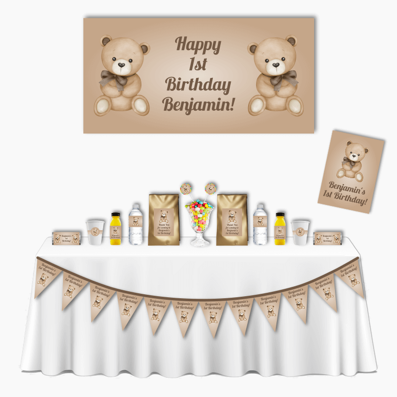 Personalised Natural Teddy Bear Deluxe Birthday Party Pack