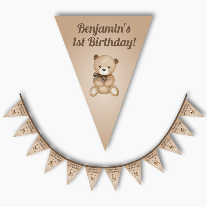 Personalised Teddy Bear Party Flag Bunting - Natural