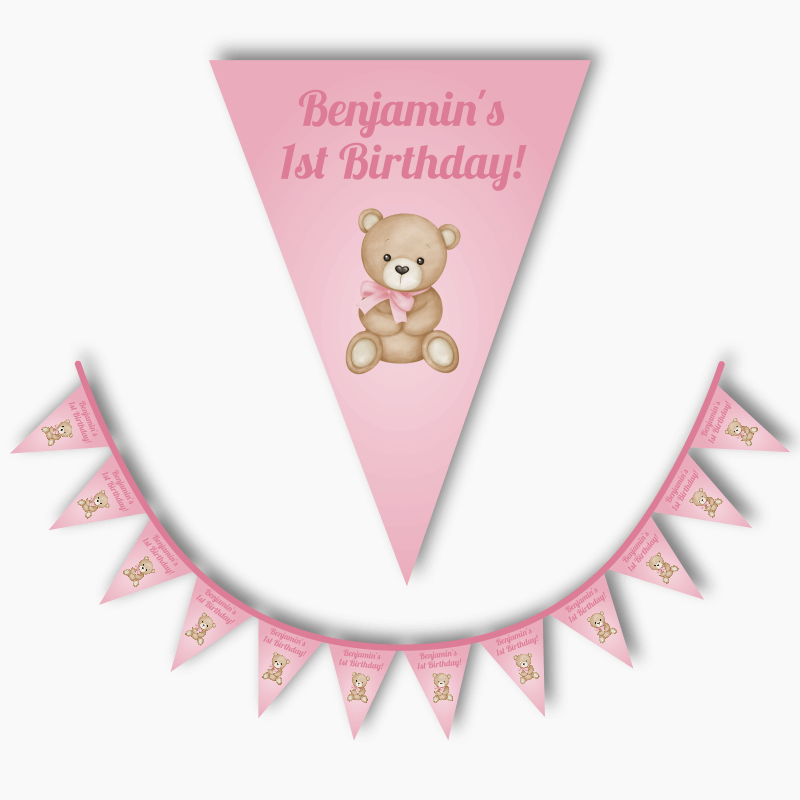 Personalised Teddy Bear Party Flag Bunting - Pink