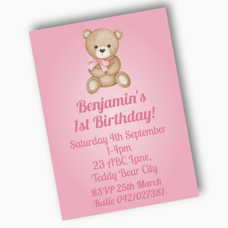 Personalised Teddy Bear Party Invites - Pink