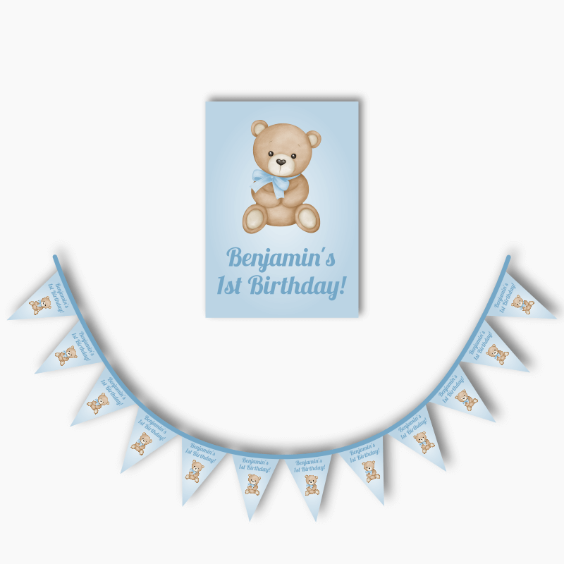 Teddy Bear Birthday Party Poster &amp; Bunting Combo - Blue