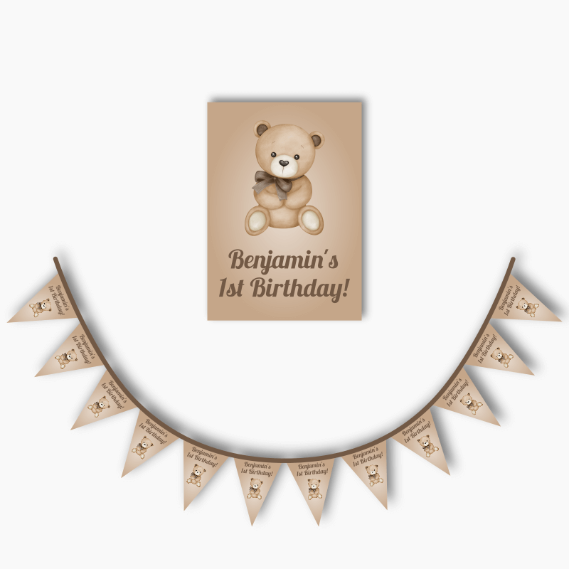 Teddy Bear Birthday Party Poster &amp; Bunting Combo - Natural