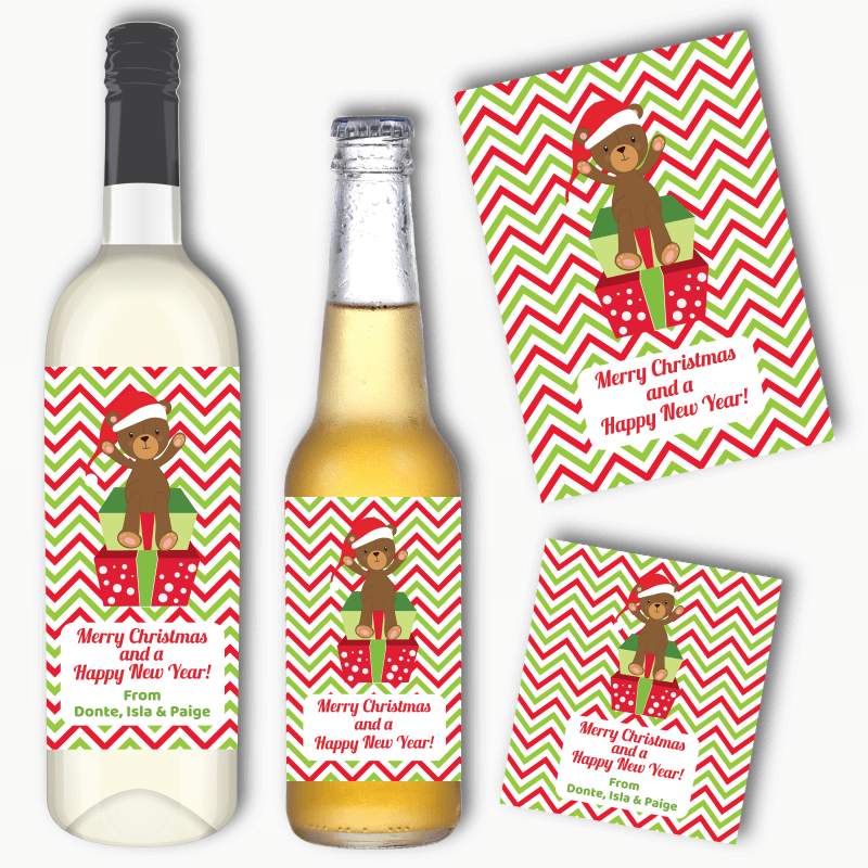 Teddy Bear Christmas Gift Wine &amp; Beer Labels