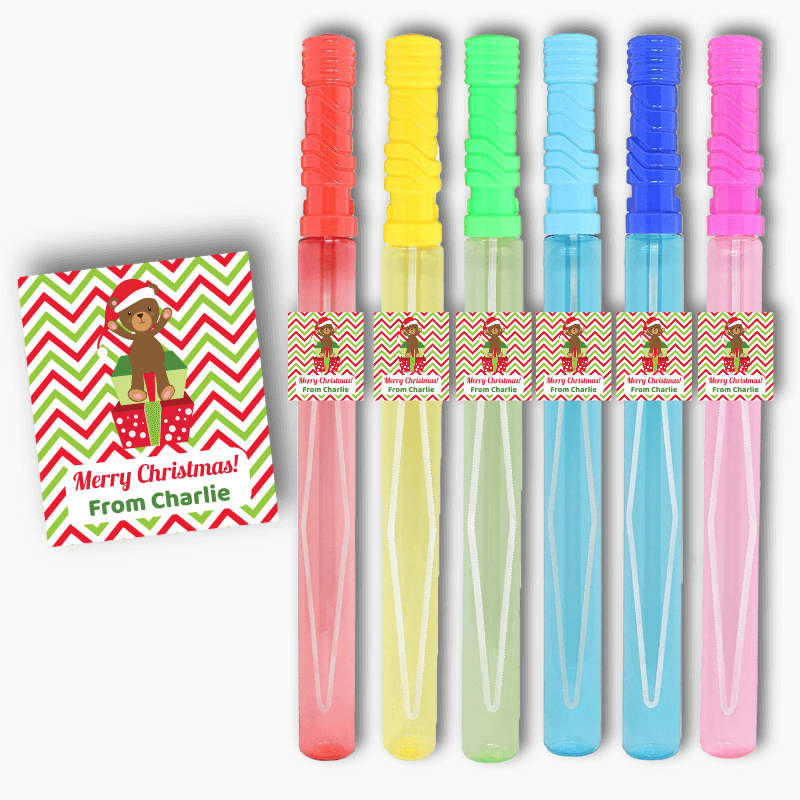 Teddy Bear Christmas Gift Rectangle Bubble Wand Stickers