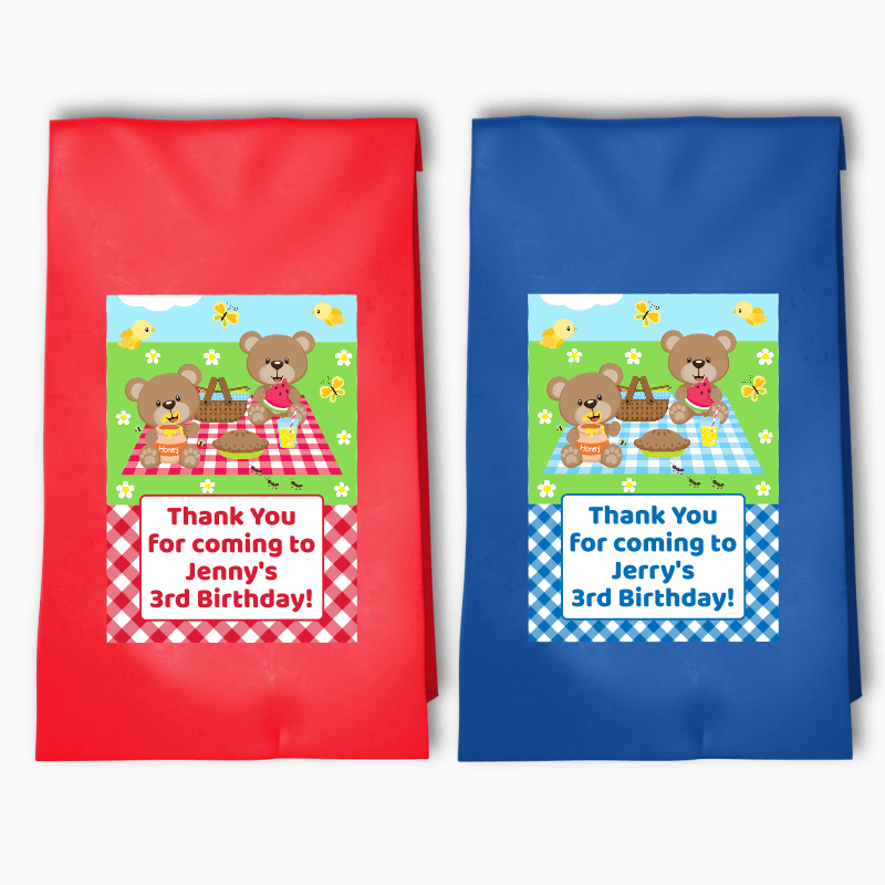 Personalised Teddy Bears Picnic Birthday Party Bags &amp; Labels