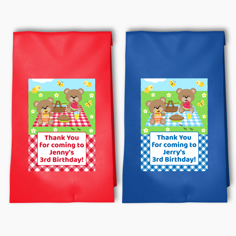 Personalised Teddy Bears Picnic Birthday Party Bags & Labels
