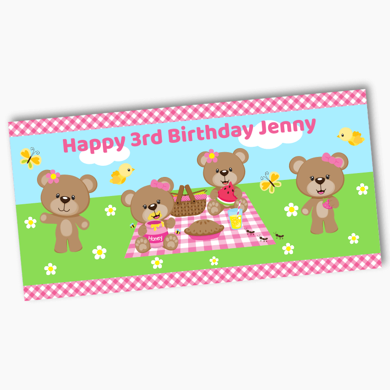 Personalised Teddy Bears Picnic Birthday Party Banners - Pink