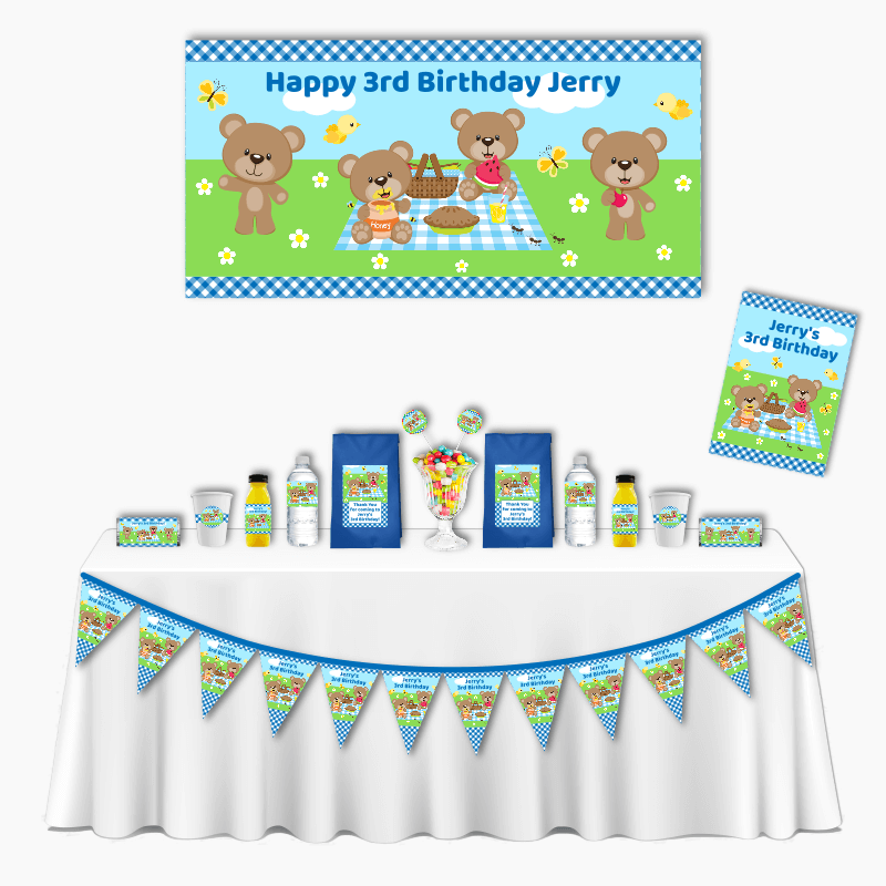 Personalised Blue Teddy Bears Picnic Deluxe Party Pack