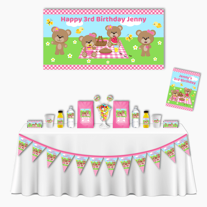 Personalised Pink Teddy Bears Picnic Deluxe Birthday Party Pack