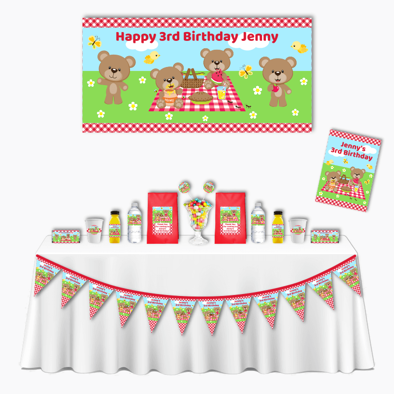 Personalised Red Teddy Bears Picnic Deluxe Birthday Party Pack