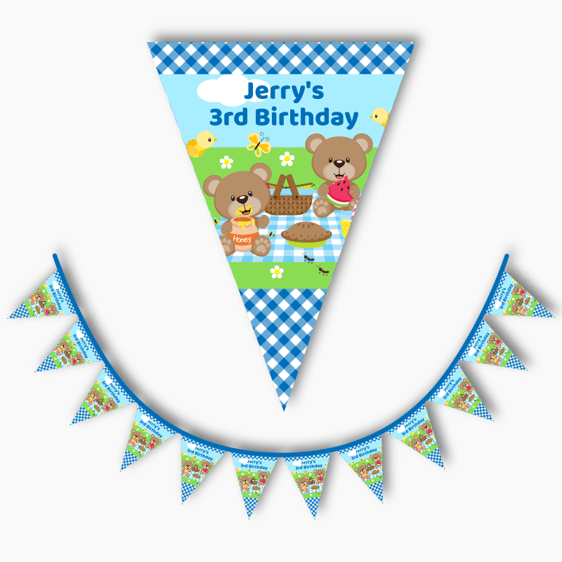 Personalised Teddy Bears Picnic Birthday Party Flag Bunting - Blue