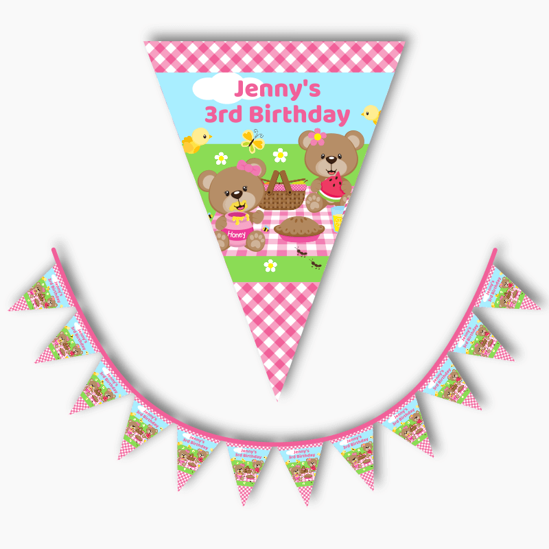 Personalised Teddy Bears Picnic Birthday Party Flag Bunting - Pink