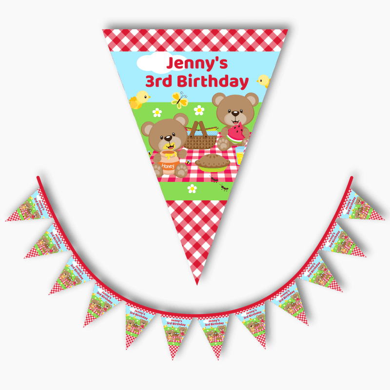 Personalised Teddy Bears Picnic Birthday Party Flag Bunting - Red