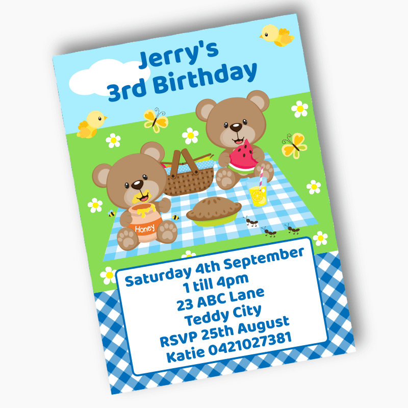 Personalised Teddy Bears Picnic Birthday Party Invites - Blue