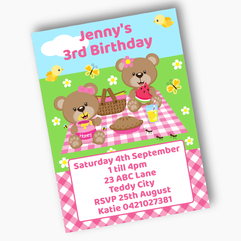 Personalised Teddy Bears Picnic Birthday Party Invites - Pink